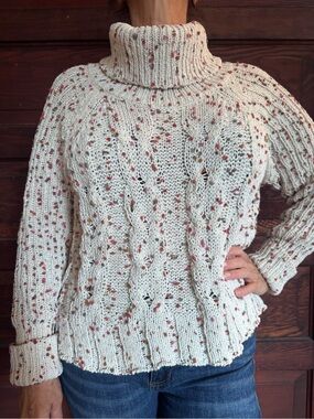 Cozy Cream Speckled Cable Knit Turtleneck Sweater